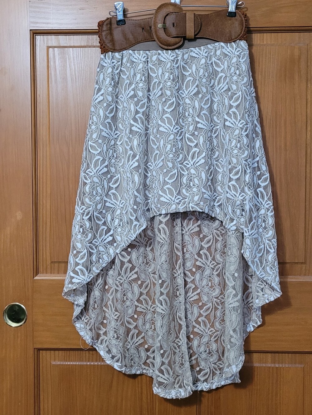High Low Skirt Womens M Sheer Lace Lined Boho Cowgirl Western Faux Leather Belt